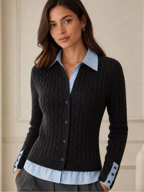 Commense Black Cable-Knit Cardigan with Light Blue Shirt Detailing